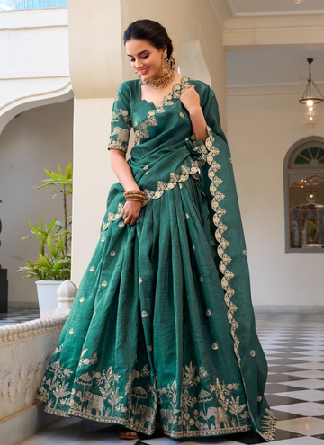 Amazing Teal blue Gold crush festive lehenga with sequin thread embroidery work.